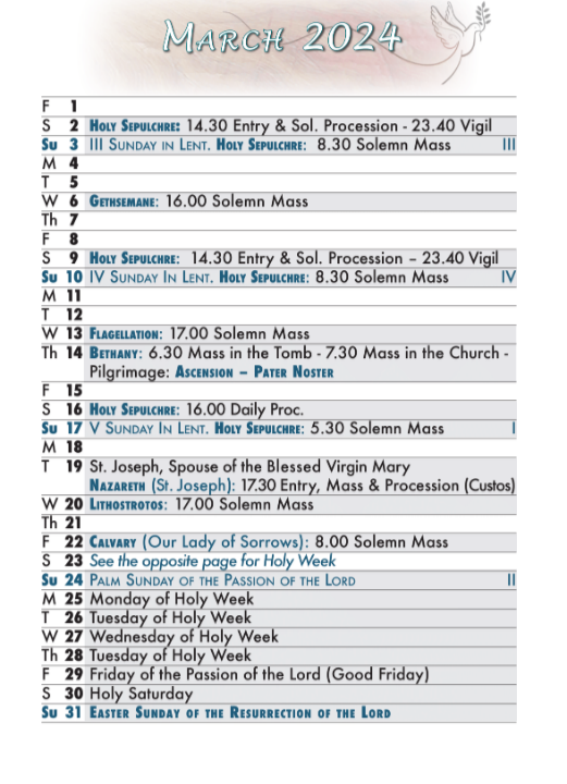 Le calendrier liturgique 2023/2024 des célébrations dans les Lieux