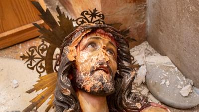 Face of the desecrated statue of Jesus